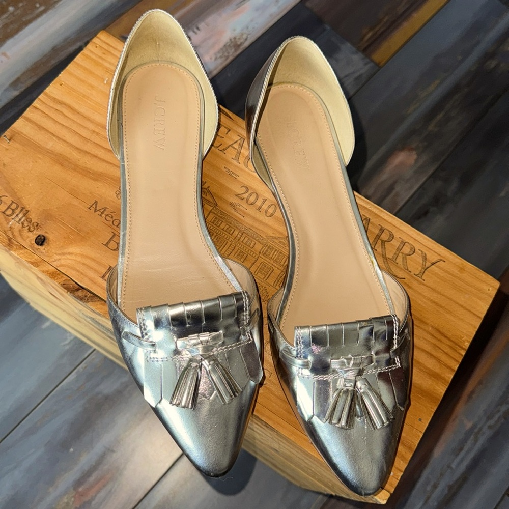 J. Crew Metallic Silver Tassel D'Orsay Flats